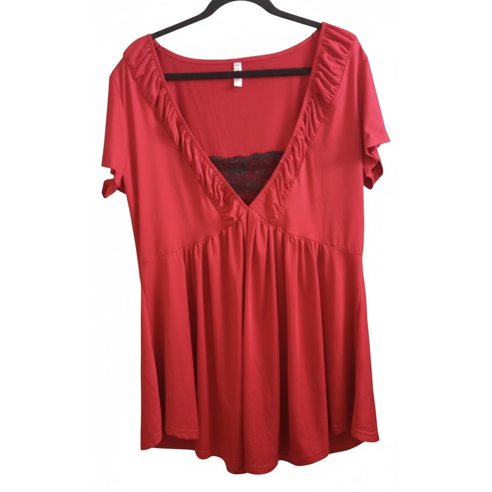 Artistic Taste Top Babydoll V-Neck w/Black Lace Inset Red Flowy SEE MEASUREMENTS